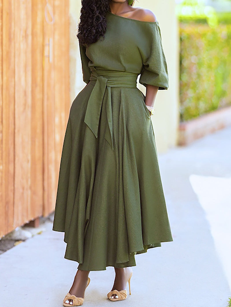 Off Shoulder Short Sleeve Waist Tie Maxi Dress