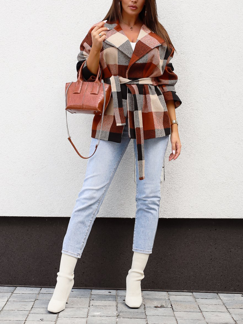 Long Sleeve Collar Asymmetric Plaid Coat