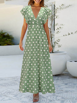 Polka Dot V Neck Cap Sleeve Maxi Dress