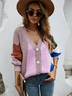 Button Down V Neck Knitted Multicolor Sweater Top