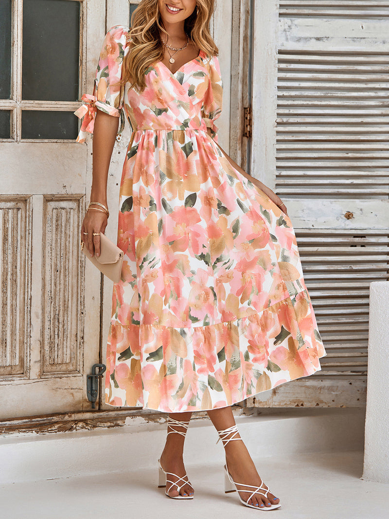 Elegant Short Sleeve V-Neck Printed Maxi Dress