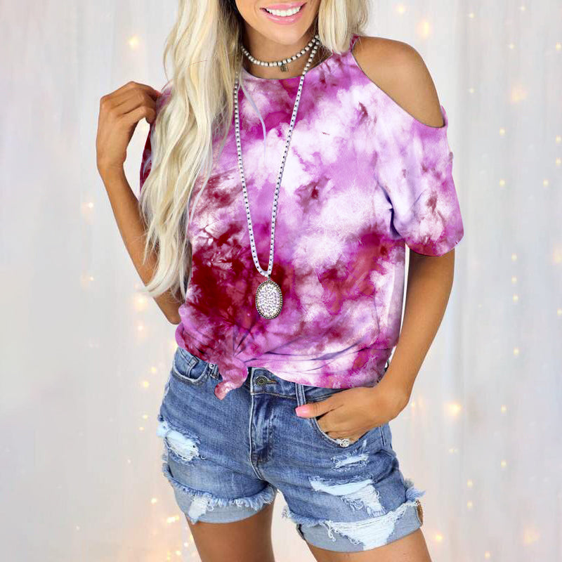 One Side Cold Shoulder Crew Neck Tie Dye T Shirt