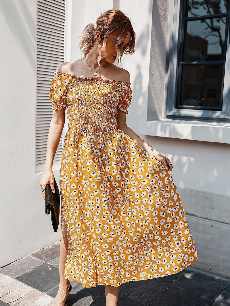 Floral Off Shoulder Split Swing Midi Dress