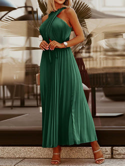 Sleeveless Halter Neck Solid Color Maxi Dress