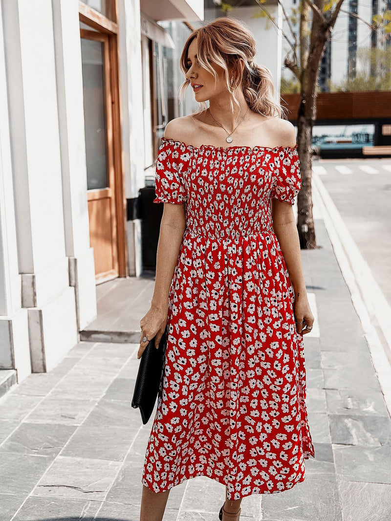 Floral Off Shoulder Split Swing Midi Dress