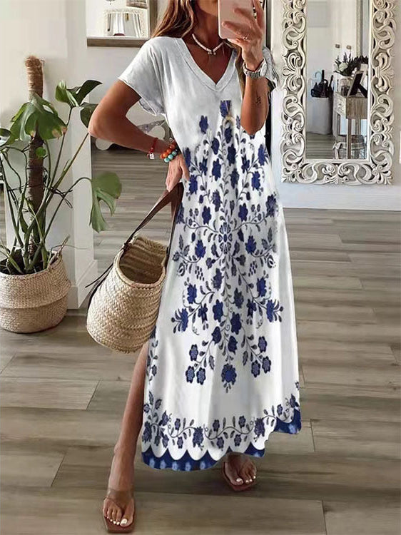 Short Sleeve Side Slit Printed Loose Maxi Dress