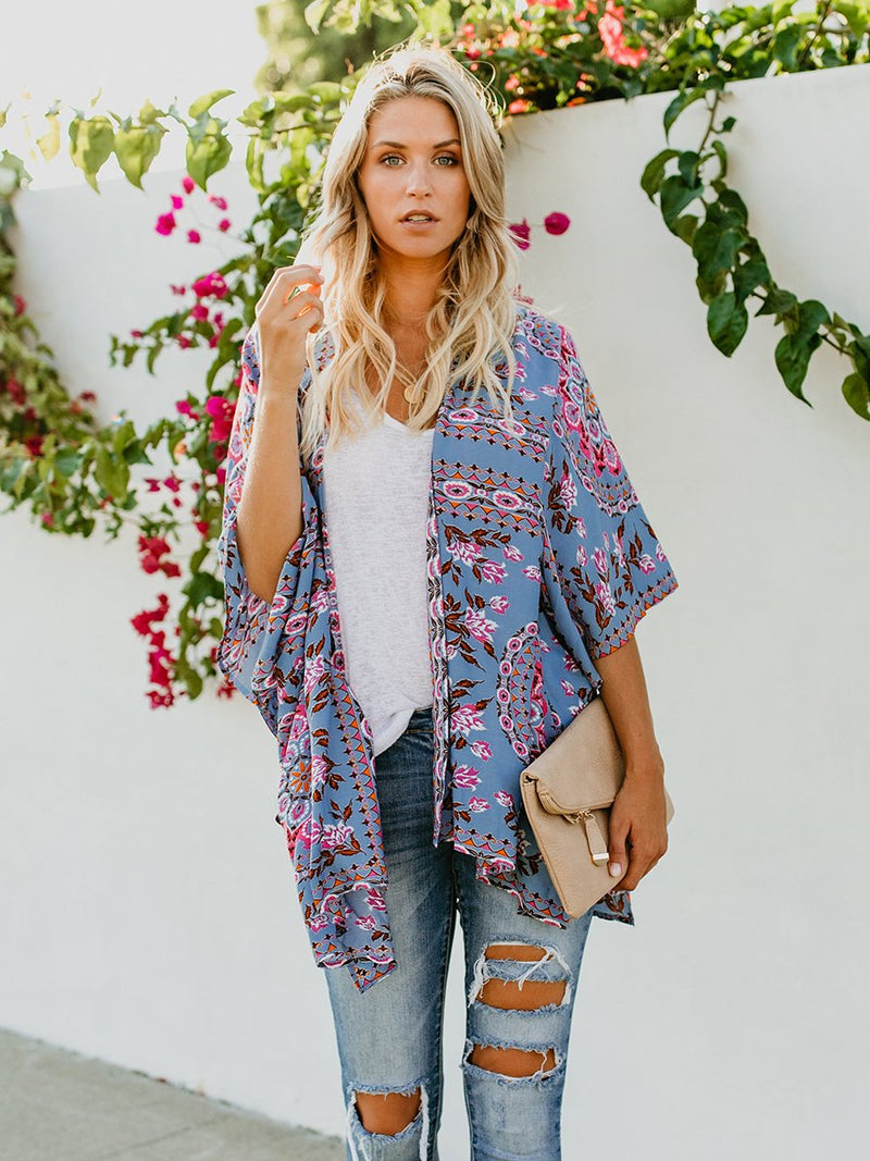 Floral Print Front Open Short Sleeve Cardigan - Landing Closet