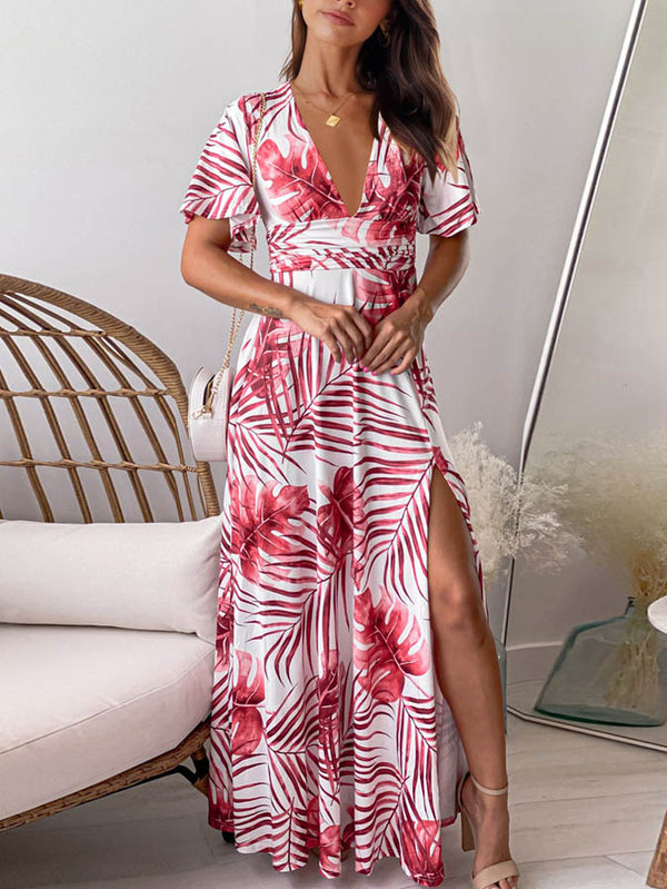 Long Side Split V Neck Short Sleeve Maxi Dress