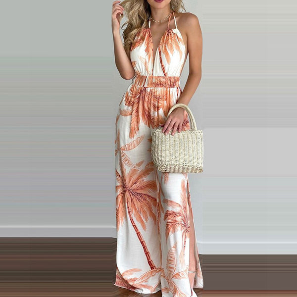 Double Spaghetti Strap Sleeveless Leaf Print Jumpsuit