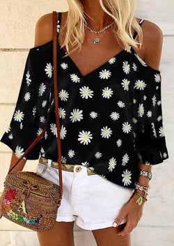 Cold Shoulder Short Sleeve Floral Blouse Top