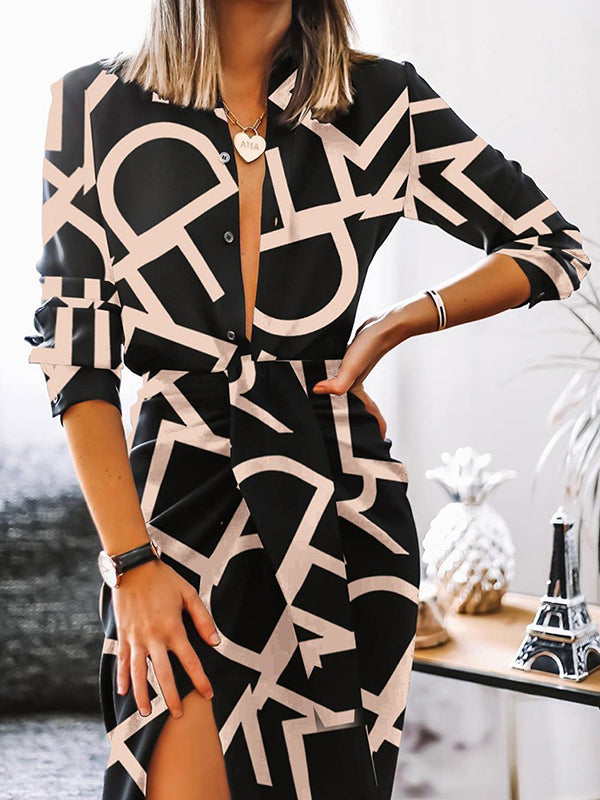 Button Up Side Split Long Sleeve Midi Dress