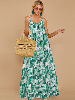 Spaghetti Strap Sleeveless Long Leaf Print Maxi Dress