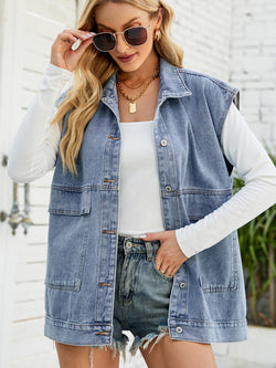 Casual Sleeveless Bend Down Collar Button Down Jean Top Jacket