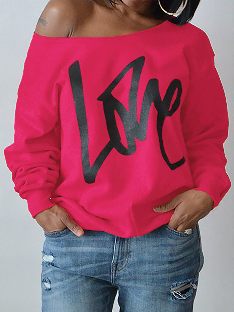 Off Shoulder Love Printed Sweatshirt