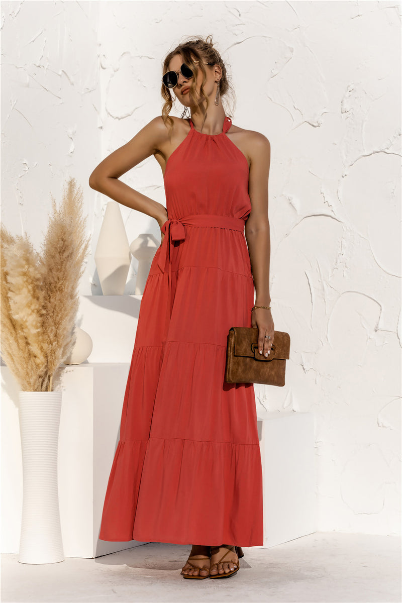 Tie Waist Round-Neck Spaghetti Strap Backless Maxi Dress