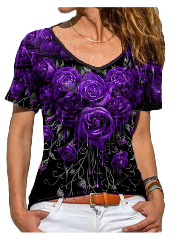 Casual V Neck Short Sleeve Bodycon Floral T Shirt