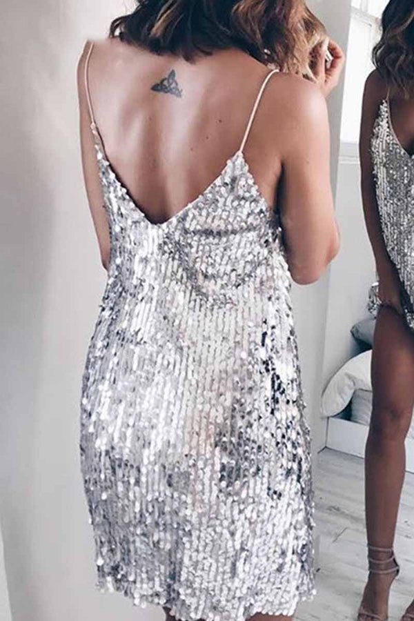 Sexy Sequined V-Neck Mini Dresses