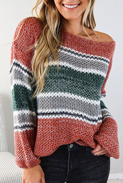 Off Shoulder Cable Knit Color Block Sweater