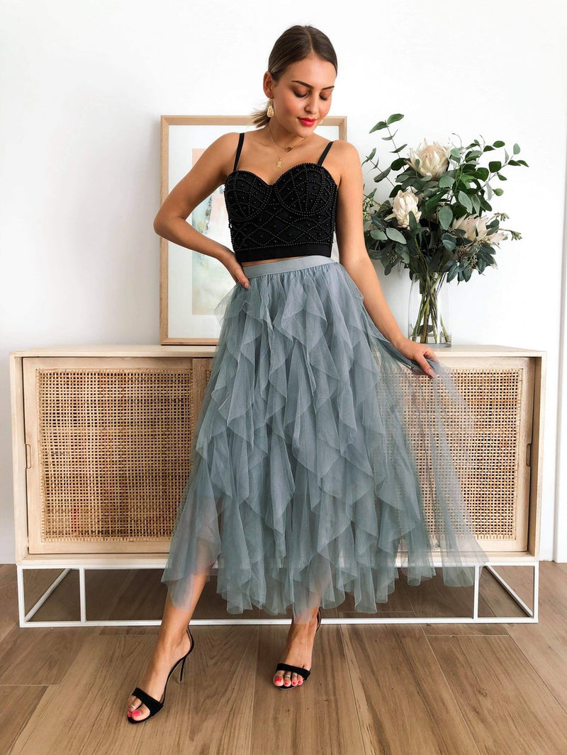 Elastic Waist Tulle Tiered Classic Long Skirt