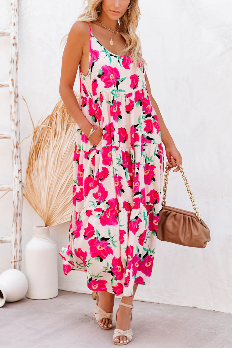 Koa Pocketed Floral Tiered Midi Dress