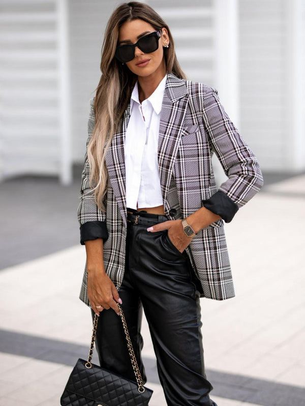 Elegant Lapel Collar 3/4 Sleeve Plaid Suit Jacket