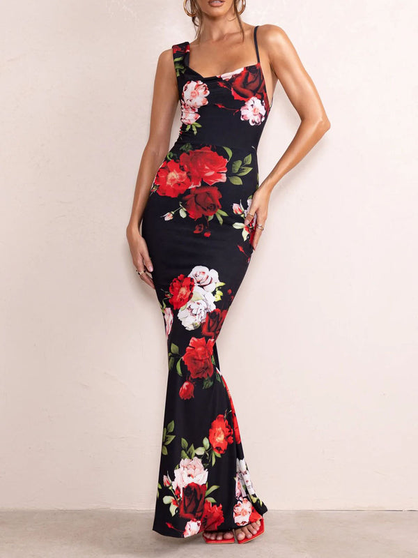 Elegant Sleeveless Round Neck Printed Mermaid Maxi Dress