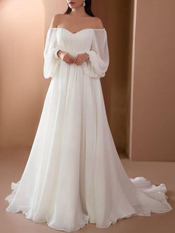 Off Shoulder Long Sleeve White Bridal Gown