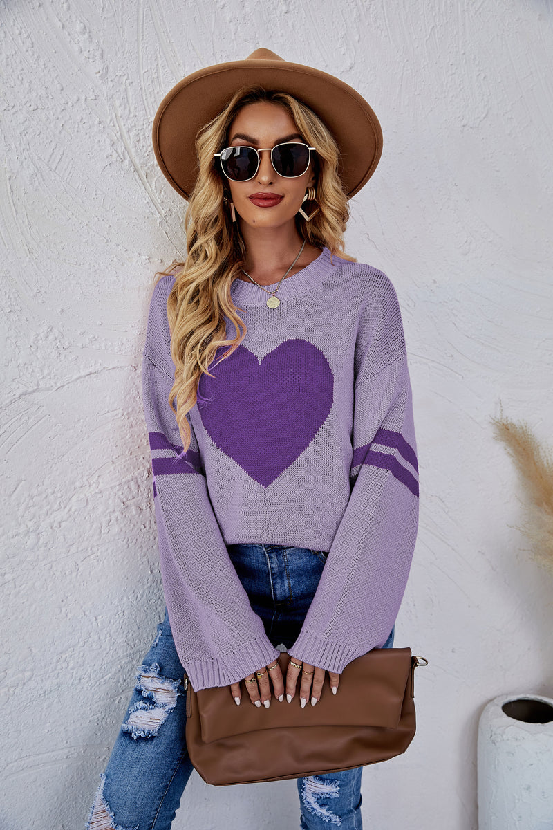 Heart Printed Round Neck Knit Sweater