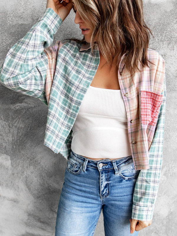 Long Sleeve Button Down Color Block Plaid Top