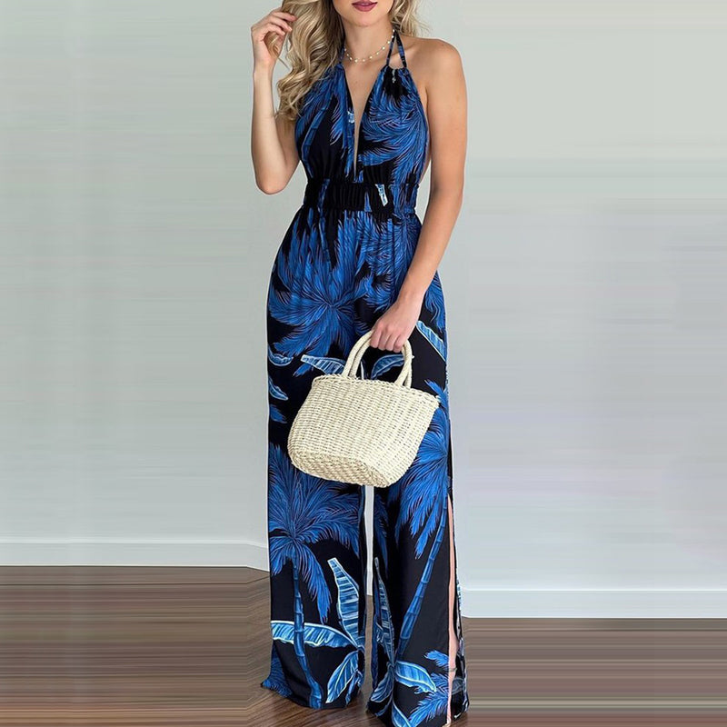 Double Spaghetti Strap Sleeveless Leaf Print Jumpsuit