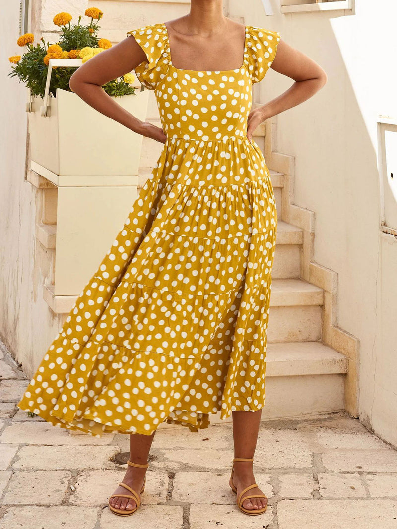 Square Neck Short Sleeve Polka Dot Flared Midi Dress