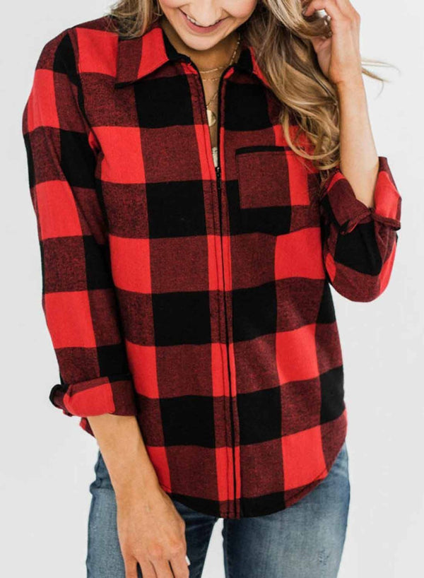 Zip Up Front Pocket Collar Plaid Shacket