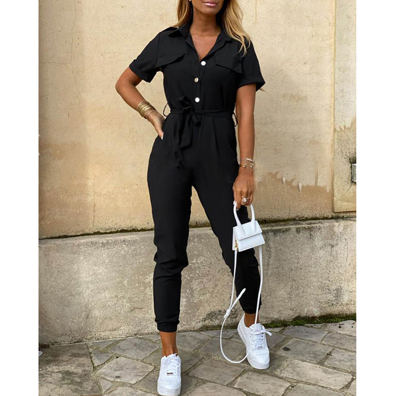 Short Sleeve Buttoned Jumpsuit