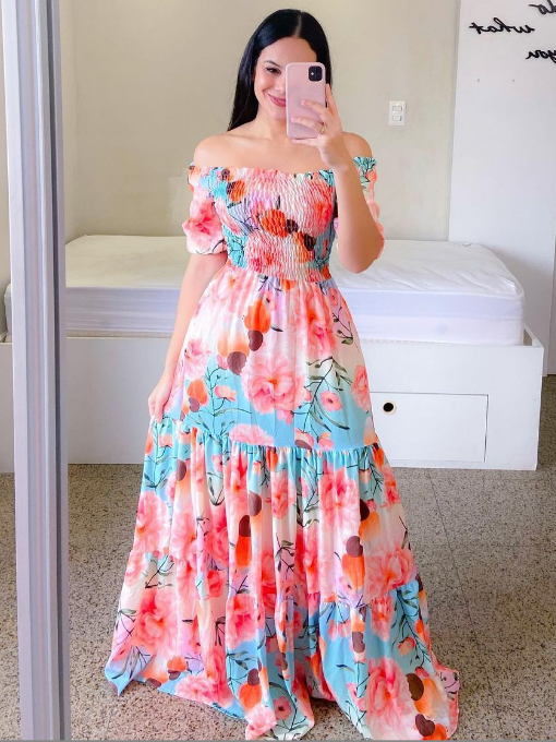 Offshoulder Short Sleeve High Waist Maxi Dress