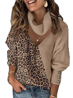 Turtle Neck Batwing Sleeve Leopard Sweater