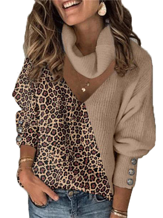 Turtle Neck Batwing Sleeve Leopard Sweater