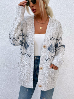 Printed Buttoned Knitted Long Sleeve Sweater Cardigan