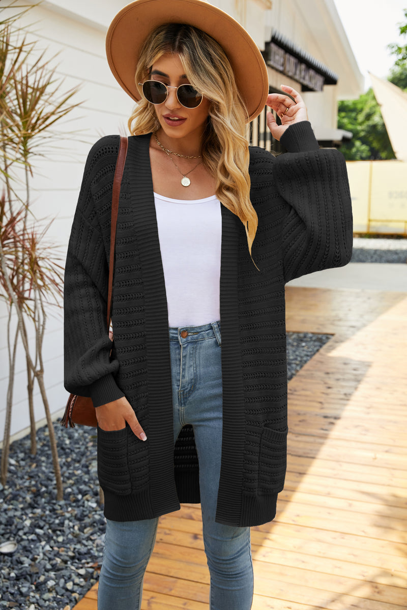 Open Front Pocketed Long Sleeve Knitted Solid Cardigan