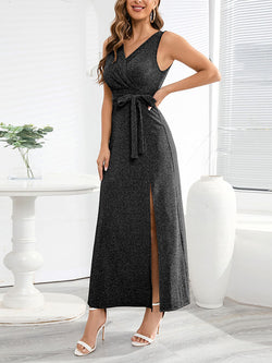 V-Neck Sleeveless Solid Color High Slit Belted Maxi Dress