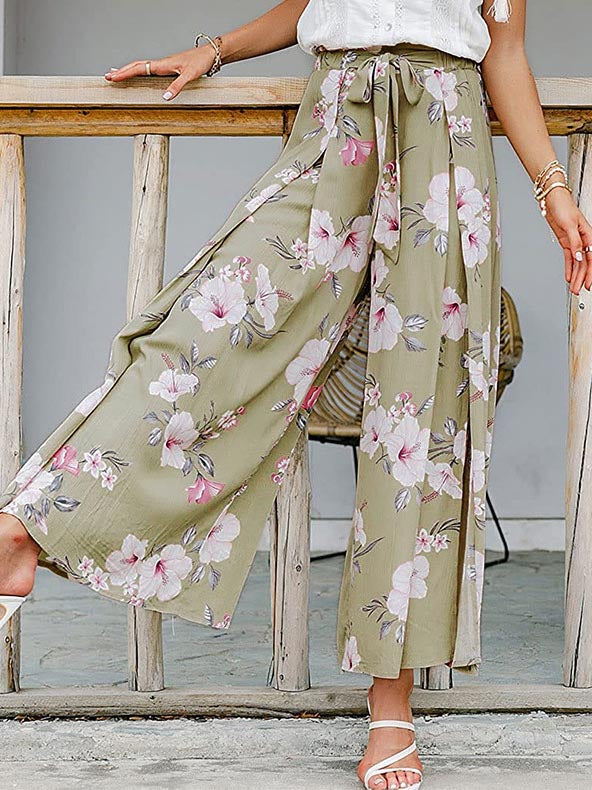 Classic Floral Solid Waist Tie Long Wide Leg Pants