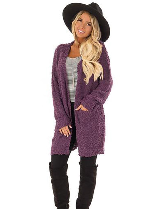 Open Front Large Pockets Long Sleeves Cardigan