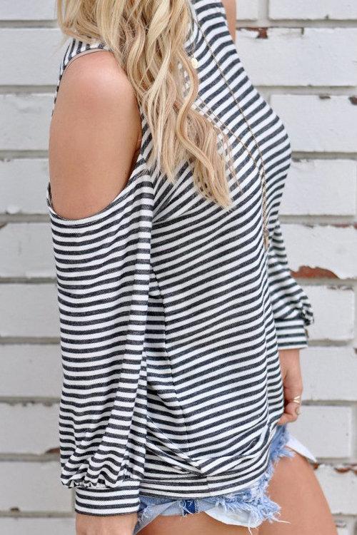 Stripe Cold Shoulder Long Sleeves T-shirt