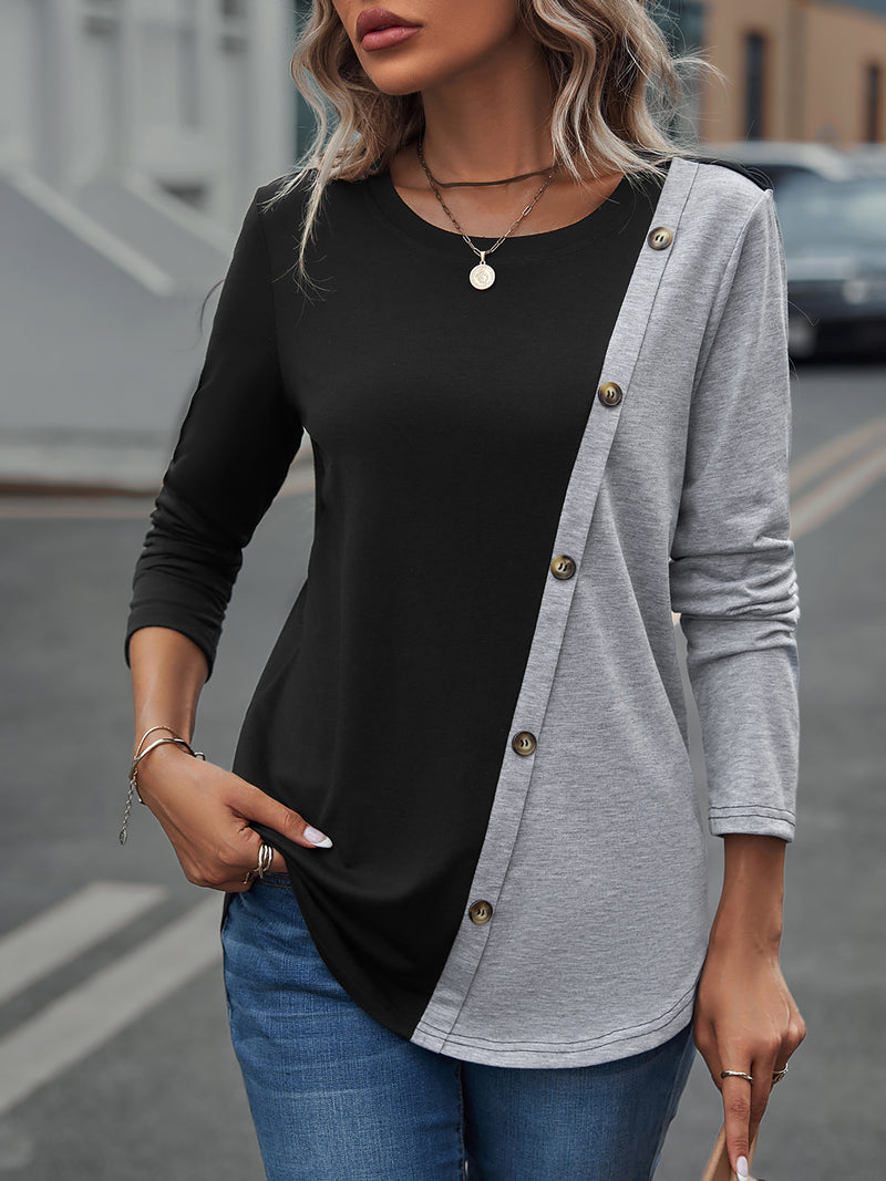 Two-Toned Cross Button Top, Crew Neck Long Sleeve Shirt, Casual Tops, Women's Clothing