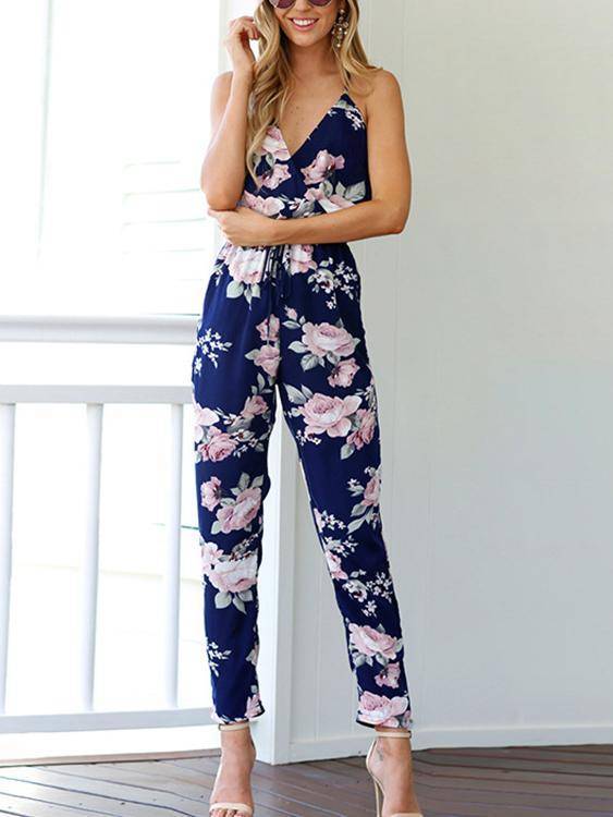 Cross Front V-neck Random Floral Print Jumpsuit - Landing Closet