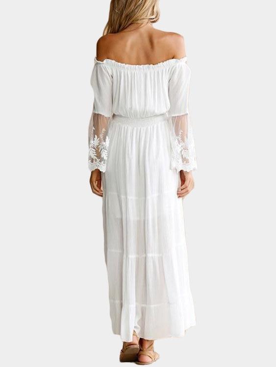 White Lace Details Off The Shoulder Flared Sleeves Maxi Dress