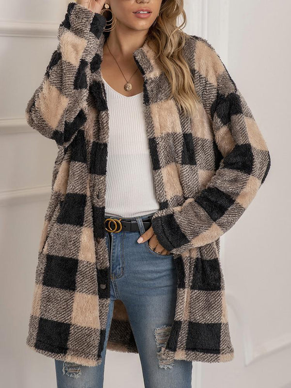 Plush Plaid Lapel Button Loose Coat