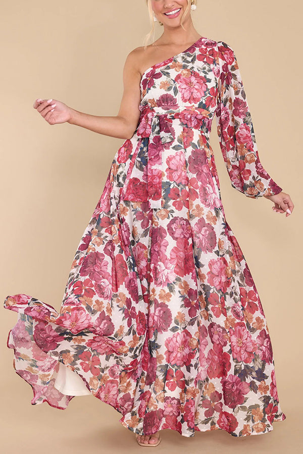 Modern Fairytale Multi Floral One Shoulder Maxi Dress