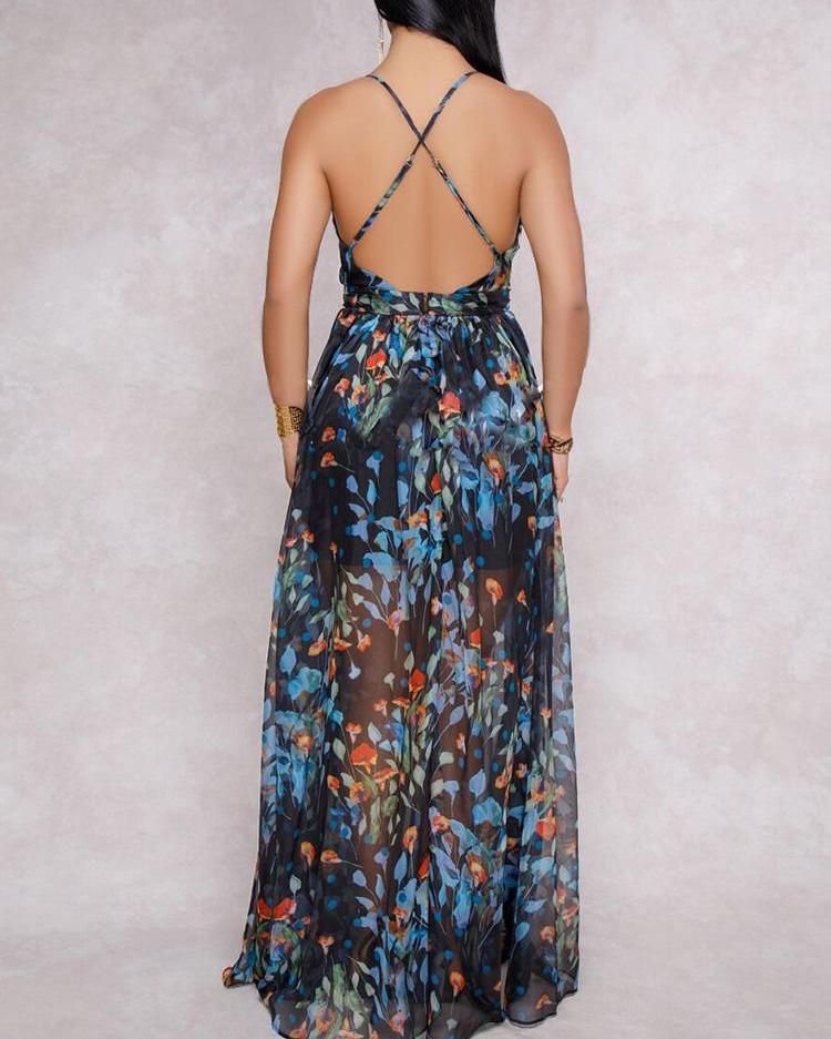 Floral Print Pleated Backless Slip Maxi Dress