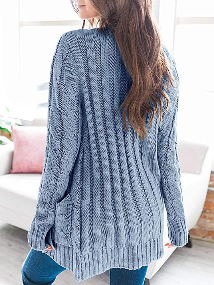 Loose Cable Button Solid Sweater Cardigan with Pockets