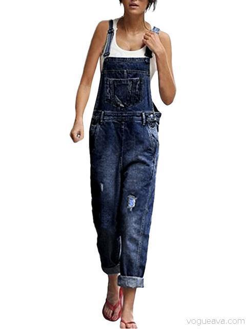 Denim Loose Solid Long Rompers